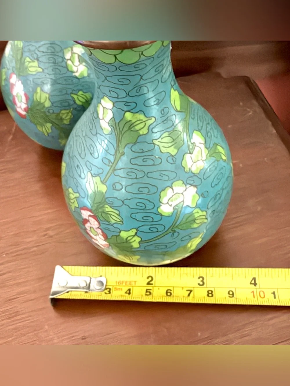 Pair 2 Vintage Teal Chinese Floral Cloisonné Enameled Vase Brass Metal 5” Asian